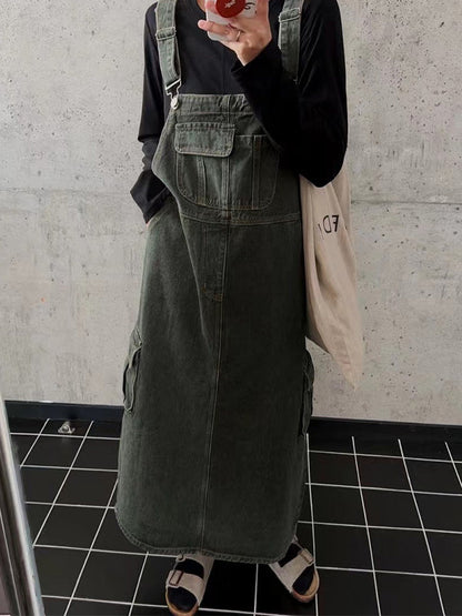 Vintage-Inspired Cargo Denim Overall Dress