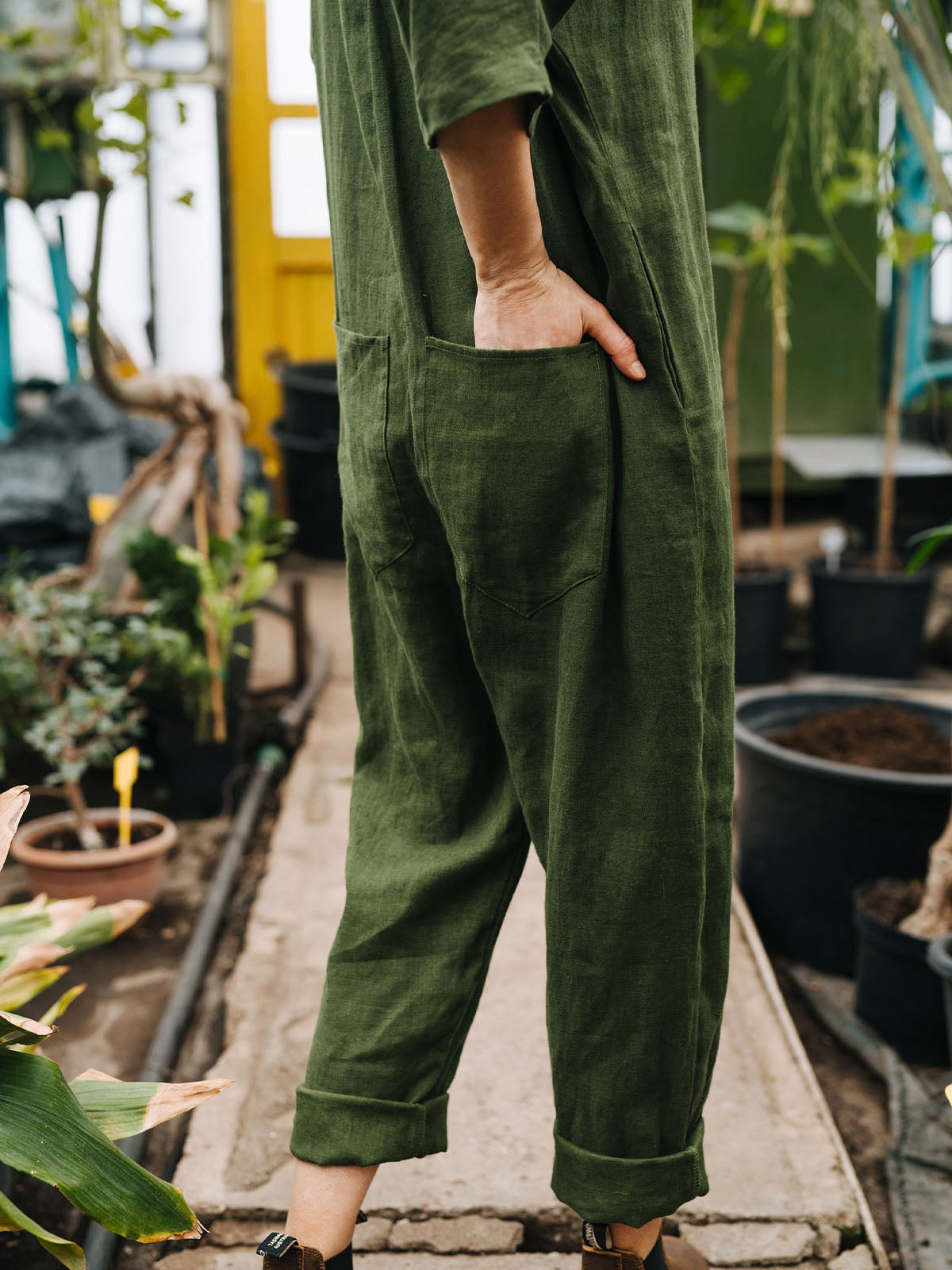 Women's Button Up Half Sleeve V Neck Cotton and Linen Jumpsuit