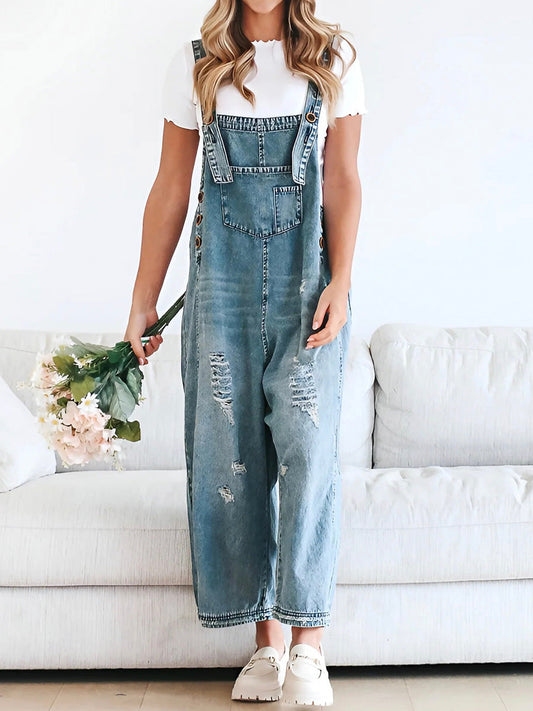 Loose Fit Distressed Denim Overalls