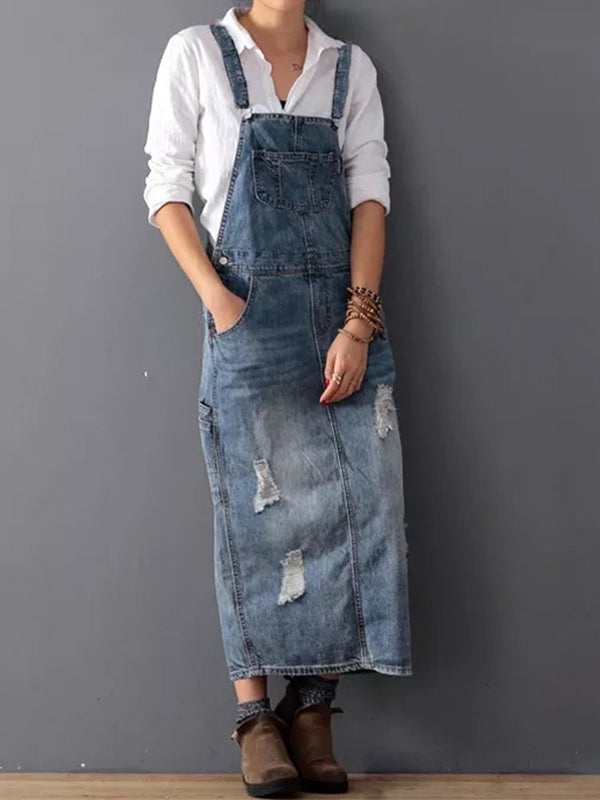 Denim-Overallkleid im Distressed-Look mit Rückenschlitz