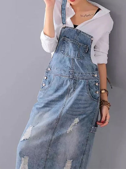 Denim-Overallkleid im Distressed-Look mit Rückenschlitz