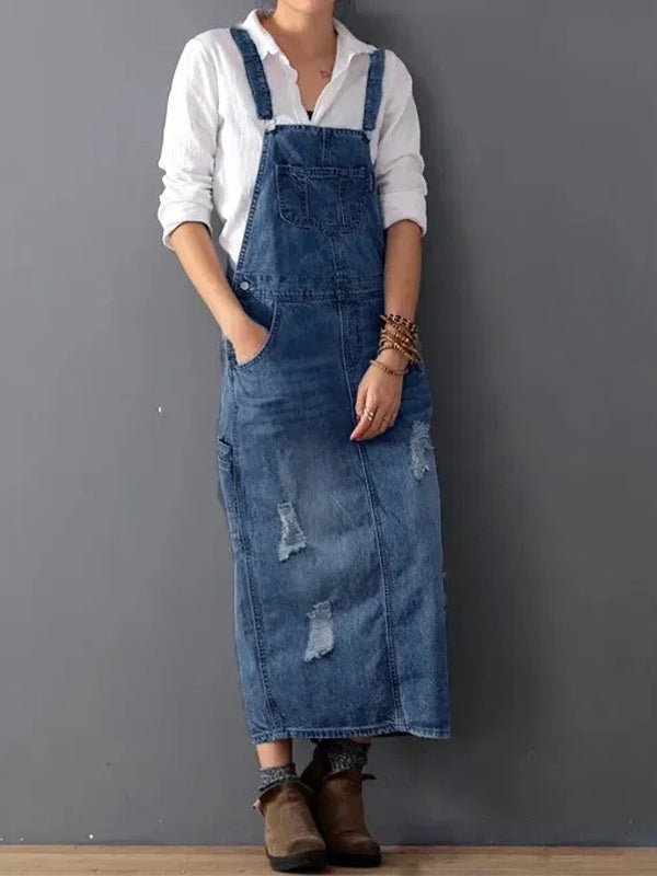 Denim-Overallkleid im Distressed-Look mit Rückenschlitz