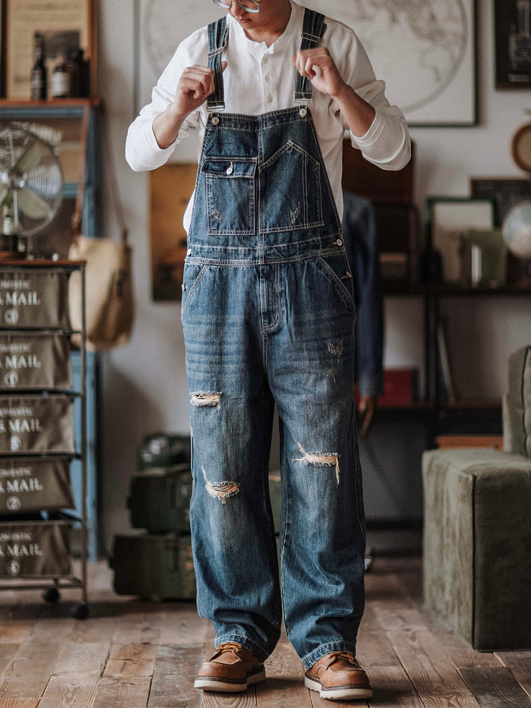 Men's Distressed Denim Bib Overalls