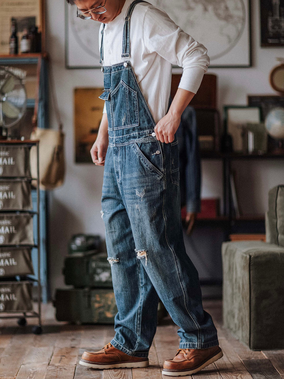 Men's Distressed Denim Bib Overalls