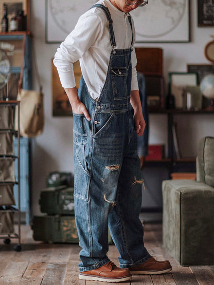 Men's Distressed Denim Bib Overalls