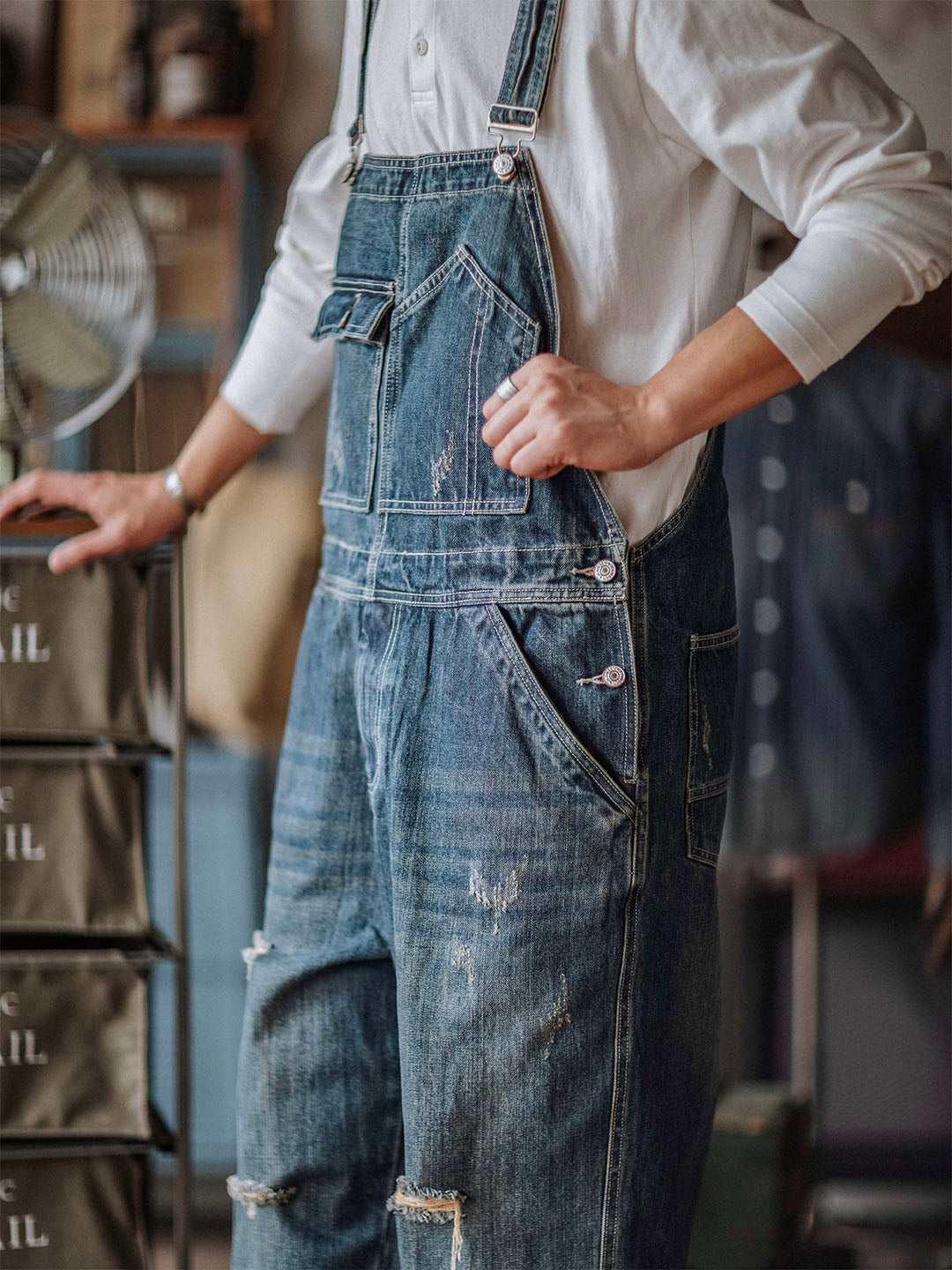 Men's Distressed Denim Bib Overalls