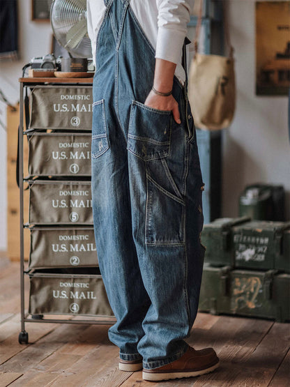 Men's Distressed Denim Bib Overalls