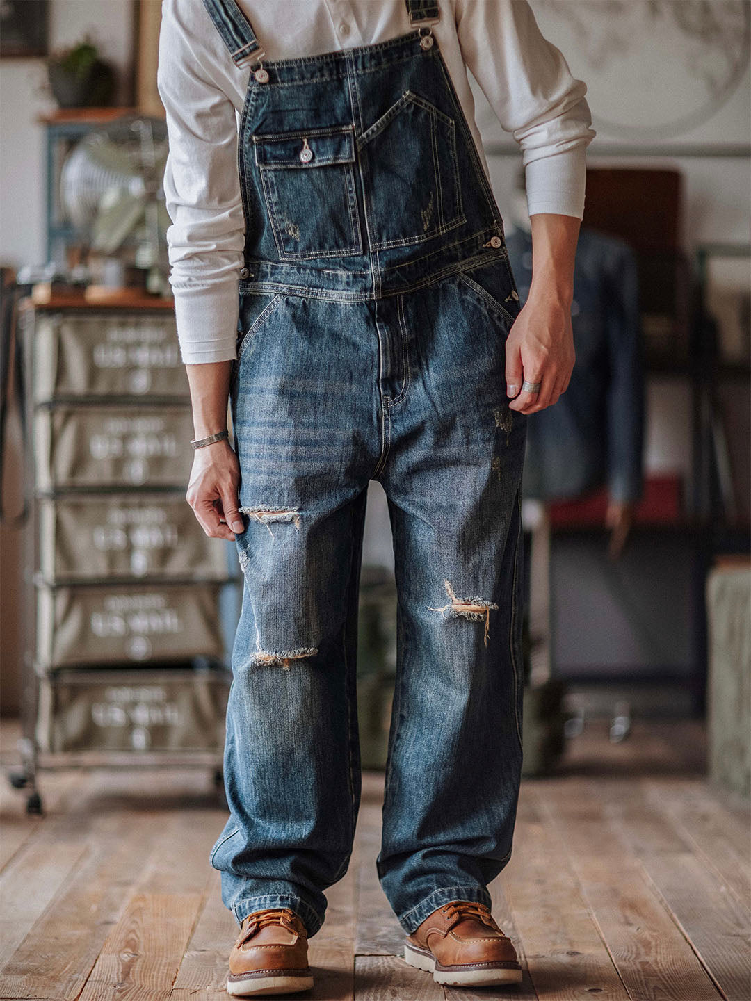 Men's Distressed Denim Bib Overalls