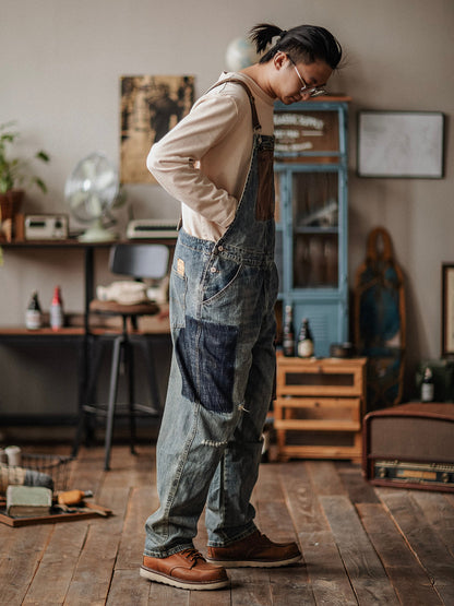 Salopette homme en denim effet vieilli contrasté