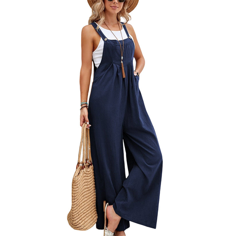 Button Strap Pocket Wide Leg Sleeveless Jumpsuit