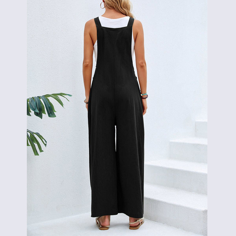 Button Strap Pocket Wide Leg Sleeveless Jumpsuit