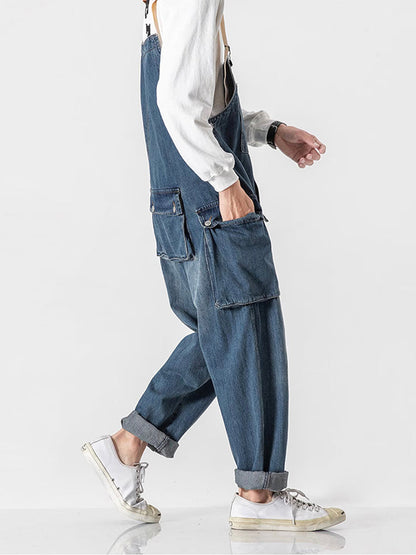 Distressed-Jeansoverall mit mehreren Taschen