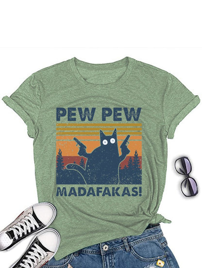  Damen T-Shirt mit Aufdruck einer schwarzen Katze mit Gewehr